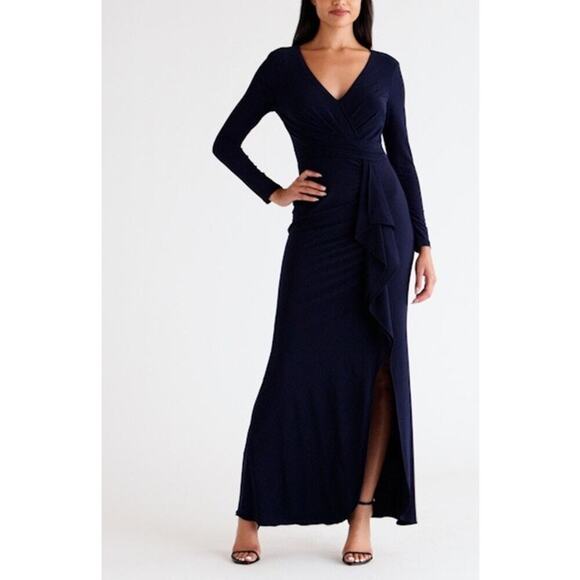 NWT Betsy Adam Cascade Ruffle Maxi Jersey Gown Women's Navy Blue Size 10 - Picture 1 of 8